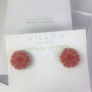 New Willow Park Artisan Stud earrings Poppy Flowers Red Orange gold Seed bead